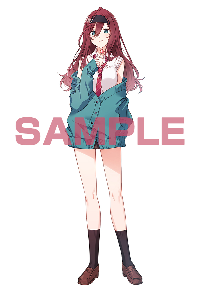 1girl aqua_eyes black_hairband black_socks blush breasts brown_shoes candy cardigan character_request collared_shirt commentary_request diagonal-striped_clothes diagonal-striped_necktie food full_body green_cardigan hair_between_eyes hairband holding holding_candy holding_food holding_lollipop loafers lollipop long_hair looking_at_viewer mole mole_under_eye necktie off_shoulder official_art red_hair red_necktie sample_watermark school_uniform shirt shoes simple_background sleeveless sleeveless_shirt socks solo standing striped_clothes tomari_(veryberry00) tomodachi_no_imouto_ga_ore_ni_dake_uzai tongue tongue_out watermark white_background white_shirt wing_collar