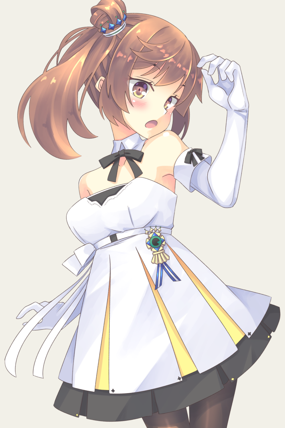 1girl black_pantyhose breasts brown_eyes brown_hair cevio dress elbow_gloves gloves hair_bun highres pantyhose satou_sasara side_ponytail skirt sumikaze white_gloves