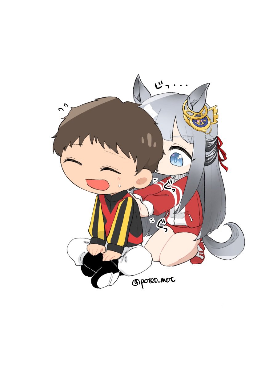 1boy 1girl animal_ears blue_eyes blunt_bangs blunt_ends bow brown_hair buruma chibi chibi_only chrono_genesis_(umamusume) couch ear_ornament ear_ribbon flying_sweatdrops grey_hair hair_ribbon highres horse_ears horse_girl horse_tail indian_style jacket jockey kitamura_yuuichi_(jockey) long_hair multicolored_hair poteo_(poteo_mot) racing_colors real_life red_buruma red_jacket red_shoes ribbon shoes short_hair sidelocks simple_background sitting sneakers sound_effects sound_effects_only sweatdrop tail track_jacket twitter_username two-tone_hair umamusume very_long_hair very_short_hair white_background white_hair