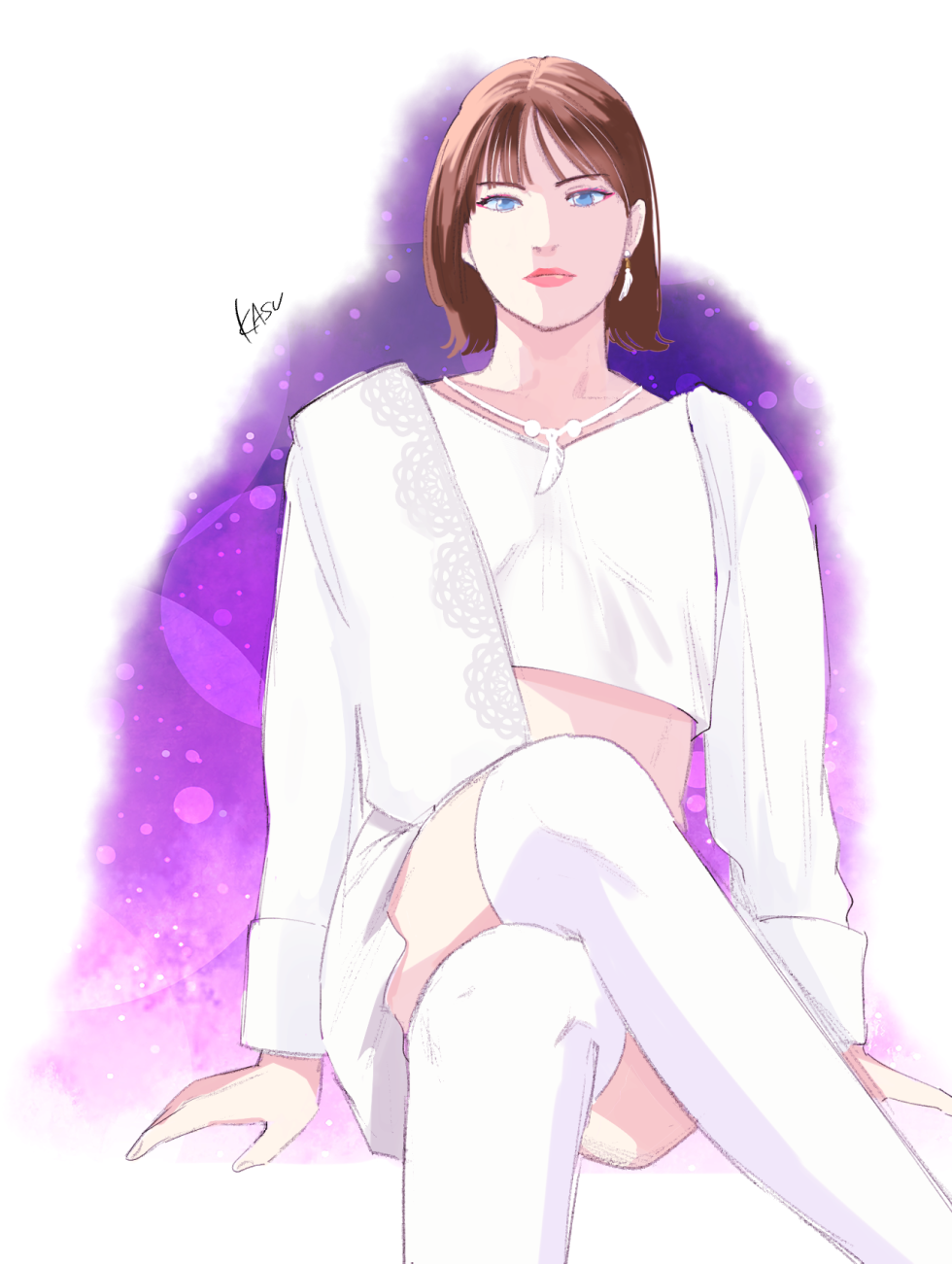 1girl avataro_sentai_donbrothers blouse blue_eyes brown_hair crop_top crossed_legs highres shirt sitting skirt sononi sononi_(donbrothers) super_sentai thighhighs white_thighhighs
