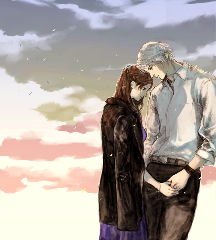 1boy 1girl belt bracelet capcom cloud coat devil_may_cry devil_may_cry_(series) devil_may_cry_4 dress_shirt hetero holding_hands jewelry kyrie_(devil_may_cry) long_hair nero_(devil_may_cry) niko_(silent.whitesnow) orange_hair pants shirt short_hair silver_hair sky white_shirt