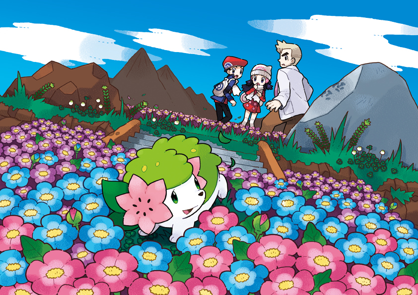 1girl 2boys :d artist_request backpack bag beans black_pants blue_flower blue_hair blue_jacket blue_sky boots brown_pants bud cloud dawn_(pokemon) dress flower gen_4_pokemon grass green_eyes grey_hair hat jacket lab_coat legendary_pokemon long_hair lucas_(pokemon) mountain multiple_boys mythical_pokemon nintendo official_art open_clothes open_jacket open_mouth outdoors pants pink_boots pink_flower pokemon pokemon_(creature) pokemon_dppt pokemon_platinum purple_flower red_dress red_hat red_shirt rock professor_oak scarf shaymin shaymin_(land) shirt short_hair sky smile socks third-party_source v-shaped_eyebrows white_bag white_hat white_jacket white_scarf white_socks