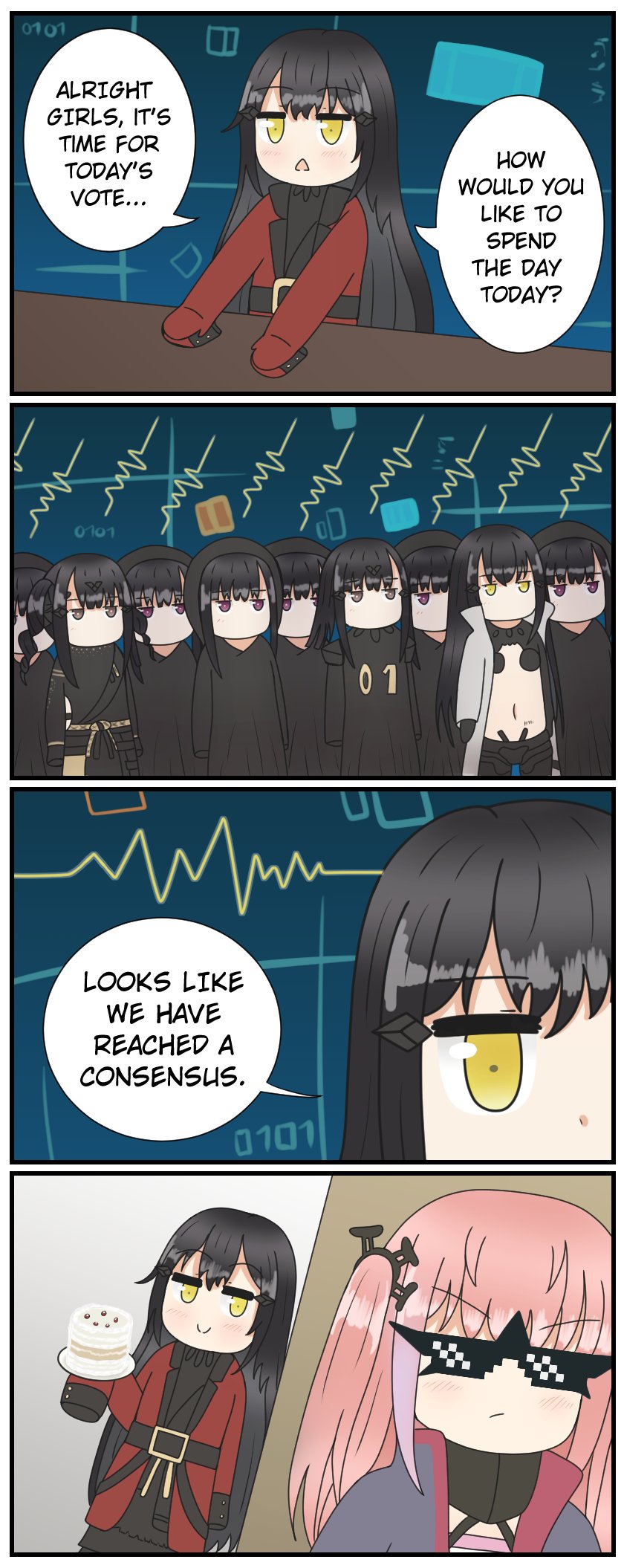 6+girls around_corner behind_another black_hair black_hood blue_coat brown_eyes c: cake clone closed_mouth coat commentary cyberspace dandelion_(girls&#039;_frontline) deal_with_it_(meme) english_commentary english_text food girls&#039;_frontline griffin_&amp;_kryuger_military_uniform hair_ornament highres holding holding_cake holding_food holding_plate isomer_(girls&#039;_frontline) isomer_hivemind_(girls&#039;_frontline) jb9_(johnbravado9) jitome light_blush long_hair long_sleeves meeting meme midriff mod3_(girls&#039;_frontline) multiple_girls navel nimogen_(girls&#039;_frontline) no_mouth nyto_(girls&#039;_frontline) nyto_larvae_(girls&#039;_frontline) one_side_up paradeus pink_hair plate prank purple_eyes red_coat scapular sleeves_past_wrists smile st_ar-15_(girls&#039;_frontline) st_ar-15_(mod3)_(girls&#039;_frontline) sunglasses telepathy triangle_mouth very_long_hair white_coat yellow_eyes