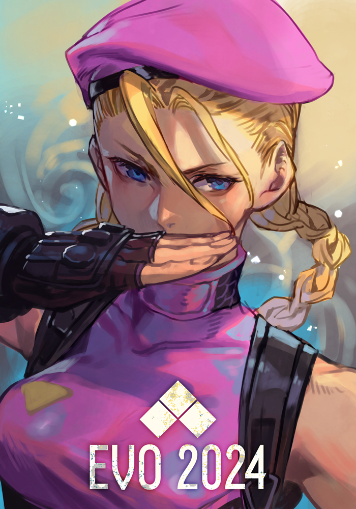 1girl beret blonde_hair blue_eyes braid breasts cammy_white covering_own_mouth evolution_championship_series fingerless_gloves fingernails gloves hair_between_eyes hat hungry_clicker large_breasts leotard long_braid official_alternate_color pink_leotard simple_background single_bang single_braid solo street_fighter street_fighter_6 twin_braids
