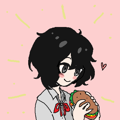 1girl aliasing black_hair sophie_(popopoka) blush blush_stickers burger cheese collared_shirt drawfag emphasis_lines food grey_eyes grey_shirt heart holding holding_food holding_hamburger lettuce lowres medium_hair messy_hair bowtie pink_background red_neckwear shirt smile solo tareme tegaki tomato unbuttoned unbuttoned_shirt upper_body wing_collar