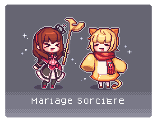 &gt;_&lt; 1boy 1girl :d =_= animal_ears ascot black_dress blonde_hair border brown_hair chibi closed_eyes coat crown dithering dress french_text frilled_dress frills full_body gradient_background grey_background hairband holding holding_staff lion_boy lion_ears long_sleeves maria_(umineko) medium_hair multicolored_hair najaggwaeng open_mouth orange_hair pink_ascot pixel_art red_hairband red_scarf rounded_corners sakutarou_(umineko) scarf short_hair sleeves_past_fingers sleeves_past_wrists smile sparkle sparkling_aura staff tail transparent_border umineko_no_naku_koro_ni ushiromiya_maria xd yellow_coat