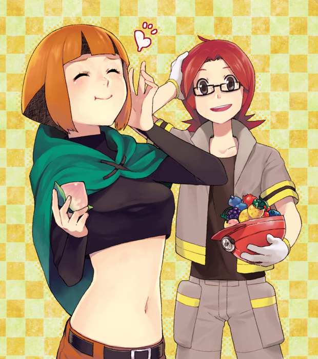 00s 1boy 1girl abe_(f!mixture) bad_id bad_pixiv_id belt berry berry_(pokemon) bluk_berry blunt_bangs capelet checkered_background cheri_berry closed_eyes eating food fruit gardenia_(pokemon) glasses green_capelet gym_leader hat heart helmet kelpsy_berry midriff navel nintendo orange_hair pokemon pokemon_dppt pomeg_berry red_hair roark_(pokemon) short_hair smile standing unworn_hat unworn_headwear unworn_helmet yellow_background