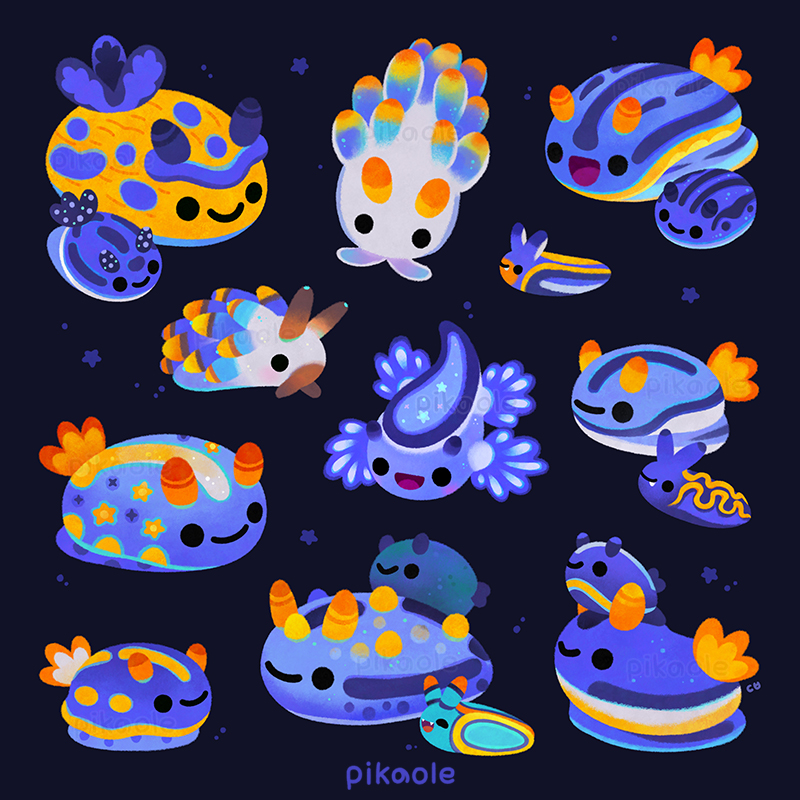 :d animal animal_focus artist_name black_eyes blue_background blue_theme chibi chibi_only closed_mouth commentary english_commentary no_humans open_mouth original pikaole sea_slug simple_background smile solid_circle_eyes star_(symbol) tail watermark