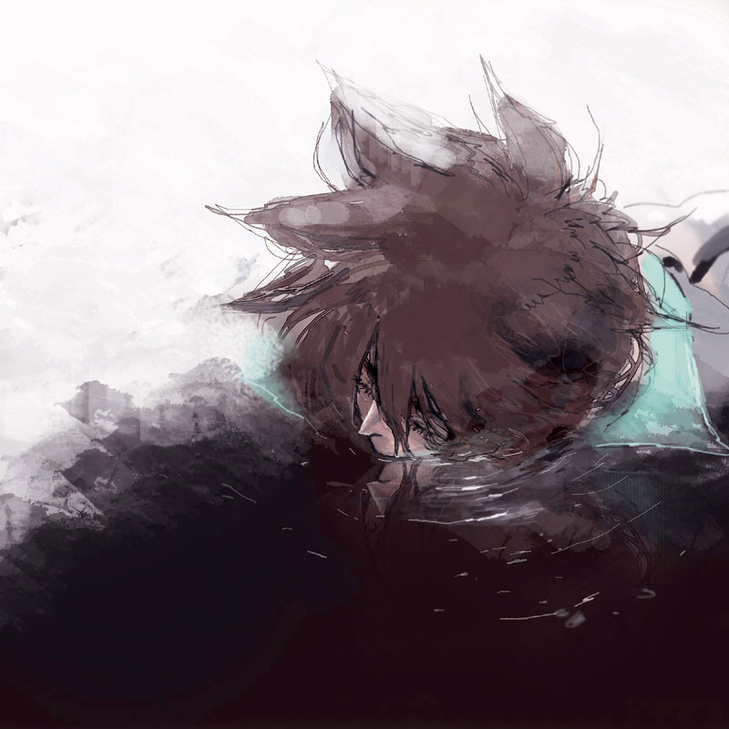 1boy akira-riku bodysuit brown_hair casshern casshern_(series) casshern_sins closed_eyes face_down hair_between_eyes long_bangs male_focus on_floor puddle ripples solo upper_body water white_background white_bodysuit