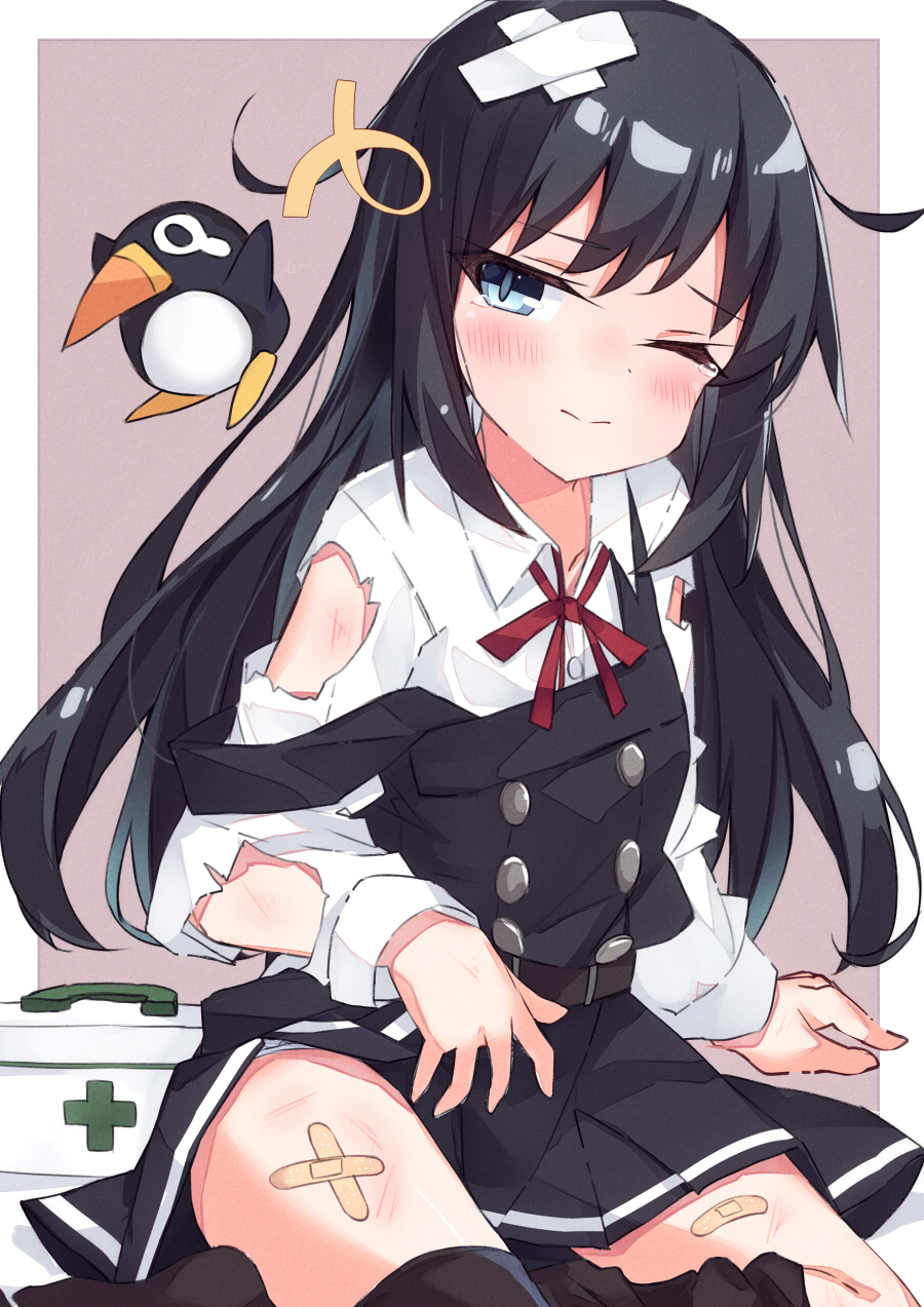 1girl asashio_(kancolle) asashio_kai_ni_(kancolle) asymmetrical_legwear bandaid bandaid_on_head bandaid_on_leg beritabo black_dress black_hair black_thighhighs blue_eyes blue_panties blush border brown_background closed_eyes closed_mouth collared_shirt commentary_request crossed_bandaids dress dress_shirt failure_penguin first_aid_kit highres kantai_collection long_hair long_sleeves neck_ribbon one_eye_closed panties pinafore_dress red_ribbon ribbon school_uniform shirt sleeveless sleeveless_dress solo strap_slip thighhighs thighhighs_pull torn_clothes torn_shirt underwear very_long_hair white_border white_shirt