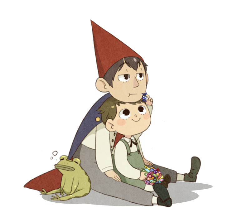 2boys animal blush_stickers bored brothers candy cape chin_rest food frog gregory_(over_the_garden_wall) happy hat head_on_head head_rest long_sleeves looking_away looking_up male_focus multiple_boys over_the_garden_wall overalls shoes siblings simple_background sitting smile white_background wirt_(over_the_garden_wall)