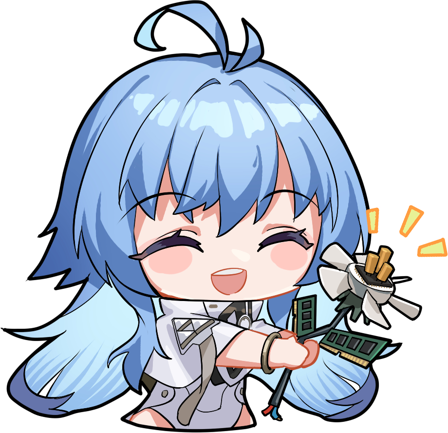 1girl :d ahoge artist_request blue_hair chibi chibi_only chinese_commentary closed_eyes electrical_connector eniac_(neural_cloud) flower girls&#039;_frontline girls&#039;_frontline_neural_cloud holding holding_flower leotard long_hair official_art open_mouth ram_(computer) second-party_source shawl smile solo teeth twintails upper_teeth_only white_leotard white_shawl