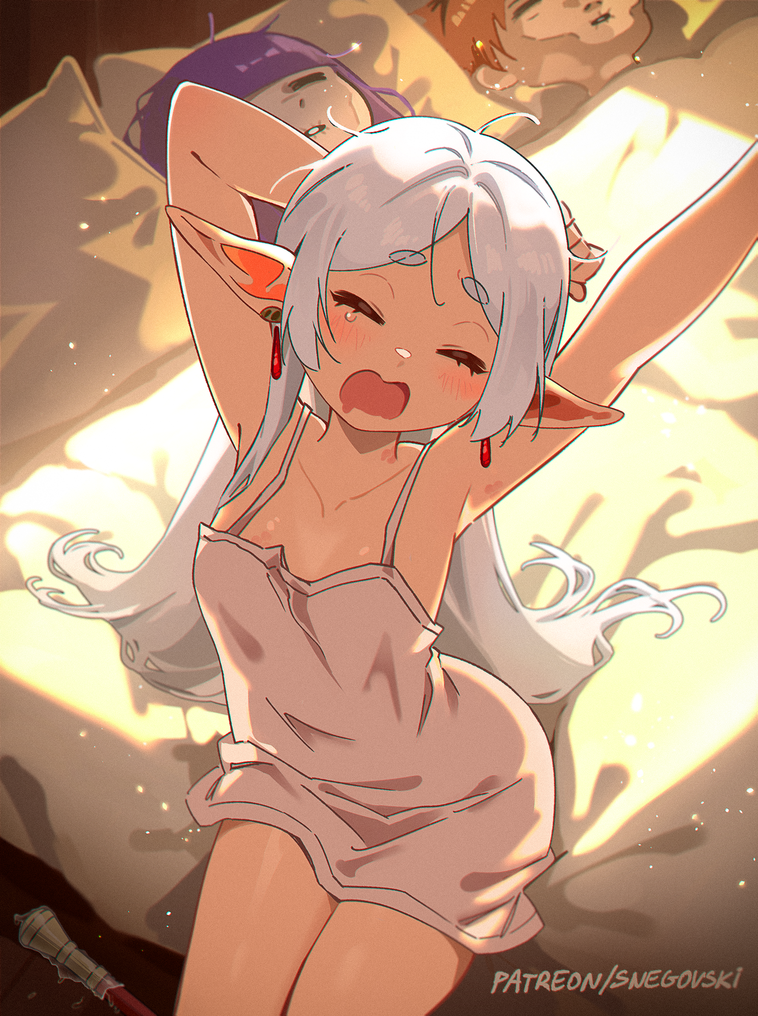 1boy 2girls arm_behind_head arm_up armpits bed blunt_bangs blush breasts closed_eyes collarbone commentary earrings elf english_commentary fern_(sousou_no_frieren) frieren grey_hair guy_tired_after_sex_(meme) highres jewelry lipstick_mark long_hair lying meme messy_hair multiple_girls on_back on_bed open_mouth parted_bangs pillow pointy_ears red_hair sitting small_breasts snegovski sousou_no_frieren stark_(sousou_no_frieren) stretching suggestive_fluid thick_eyebrows under_covers very_long_hair watermark web_address yawning