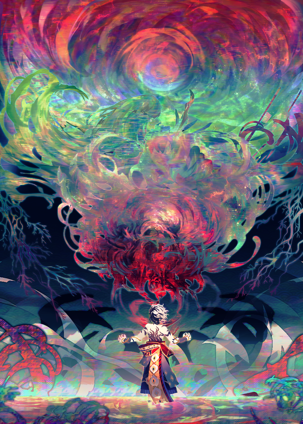1boy abstract abstract_background alfnfmd anklet arm_tattoo arm_warmers back_tattoo beads black_hair black_nails branch colorful facing_away highres japanese_clothes jewelry male_focus multicolored_hair oniou_shuten_douji_(onmyoji) onmyoji outdoors outstretched_arms ripples sash shuten_douji_(onmyoji) solo spread_arms tattoo topless_male two-tone_hair wading waist_sash water white_hair