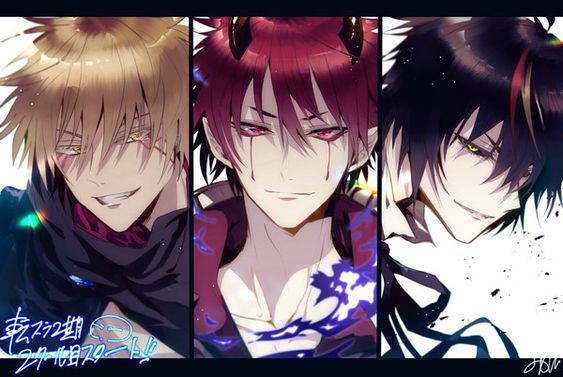 3boys benimaru_(tensura) black_hair black_sclera blonde_hair colored_sclera demon diablo_(tensura) facial_tattoo fire grin looking_at_viewer multiple_boys oni red_eyes red_hair signature smile tattoo tensei_shitara_slime_datta_ken veldora_(tensura) yellow_eyes