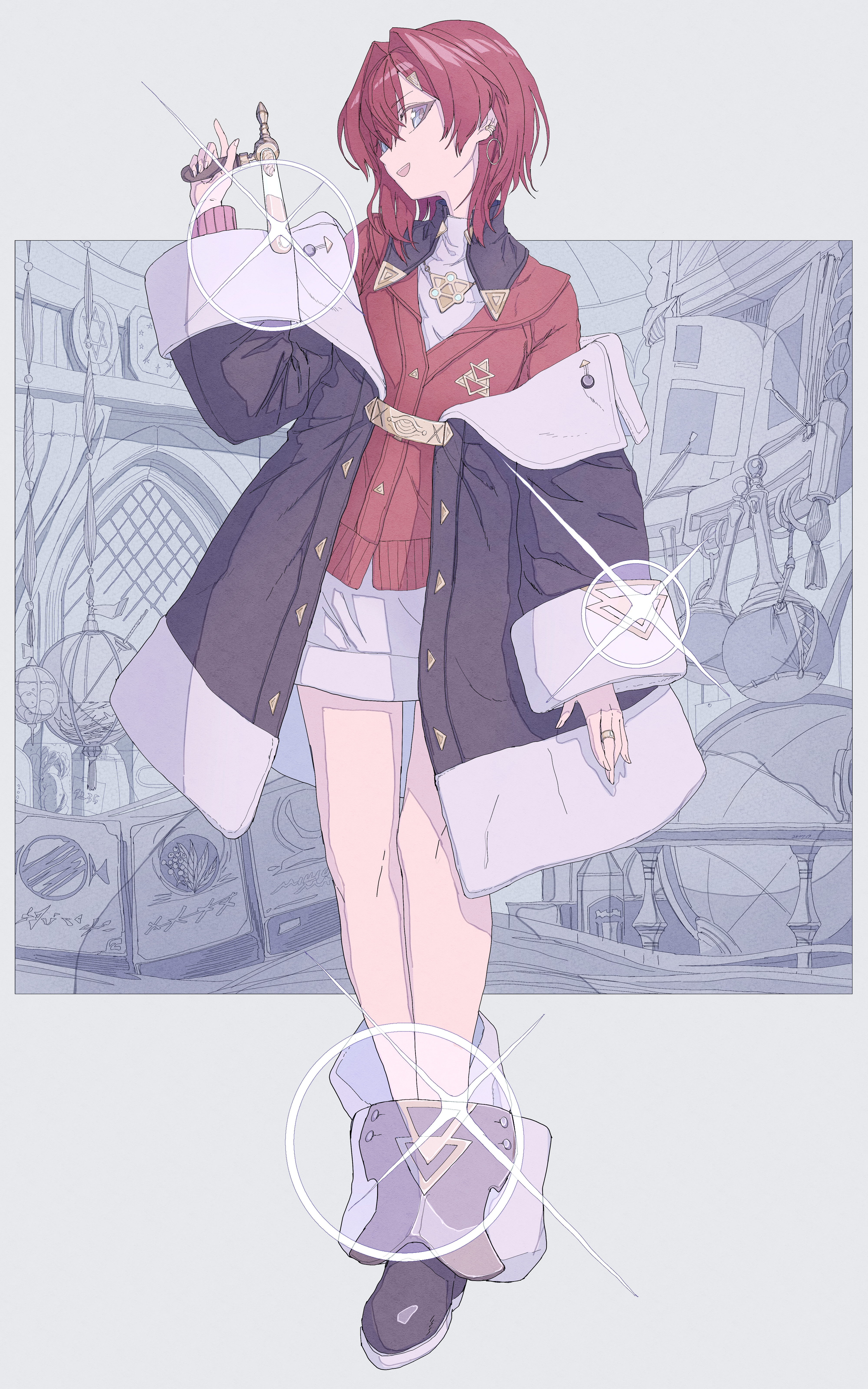 1girl :d absurdres ange_katrina ange_katrina_(1st_costume) arched_window bare_legs black_boots black_coat blue_eyes book boots border bottle cardigan clock coat commentary_request earrings flask flat_chest full_body glint grey_border hair_between_eyes hair_intakes hair_ornament hand_up hexagram highres holding hoop_earrings jewelry long_bangs long_sleeves looking_at_viewer medium_hair million_mandala monochrome_background nijisanji off_shoulder open_book open_mouth outside_border pale_color red_cardigan red_hair ring round-bottom_flask smile solo spray_bottle standing star_of_david teeth triangle_hair_ornament turning_head upper_teeth_only virtual_youtuber wide_sleeves window