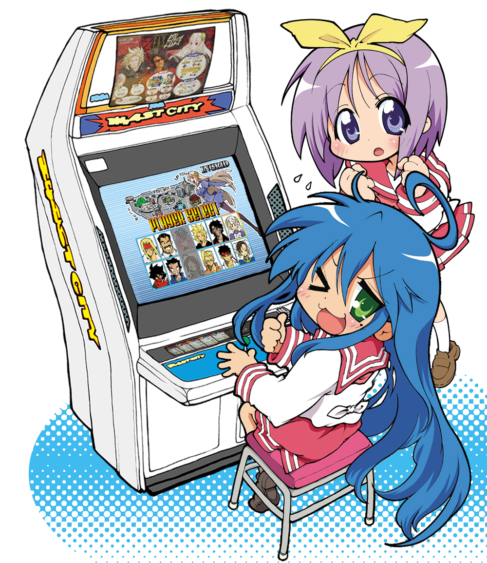 &gt;_o 00s 1990s_(style) 2girls :3 ahoge alex_(street_fighter) arcade arcade_cabinet bad_id bad_pixiv_id blue_eyes blue_hair blush capcom capcom_fighting_allstars capcom_fighting_jam character_select charlie_nash chun-li d_d final_fight green_eyes hair_ribbon hairband hiiragi_tsukasa ichimonji_batsu ingrid_(capcom) izumi_konata justice_gakuen kazama_akira long_hair lucky_star mike_haggar mole mole_under_eye multiple_girls one_eye_closed pantyhose playing_games poison_(final_fight) purple_hair retro_artstyle ribbon rook ryu_(street_fighter) school_uniform sega sega_astro_city serafuku shiritsu_justice_gakuen short_hair street_fighter street_fighter_iii_(series) street_fighter_zero_(series) strider_hiryuu sweat thumbs_up usuiken very_long_hair video_game wink