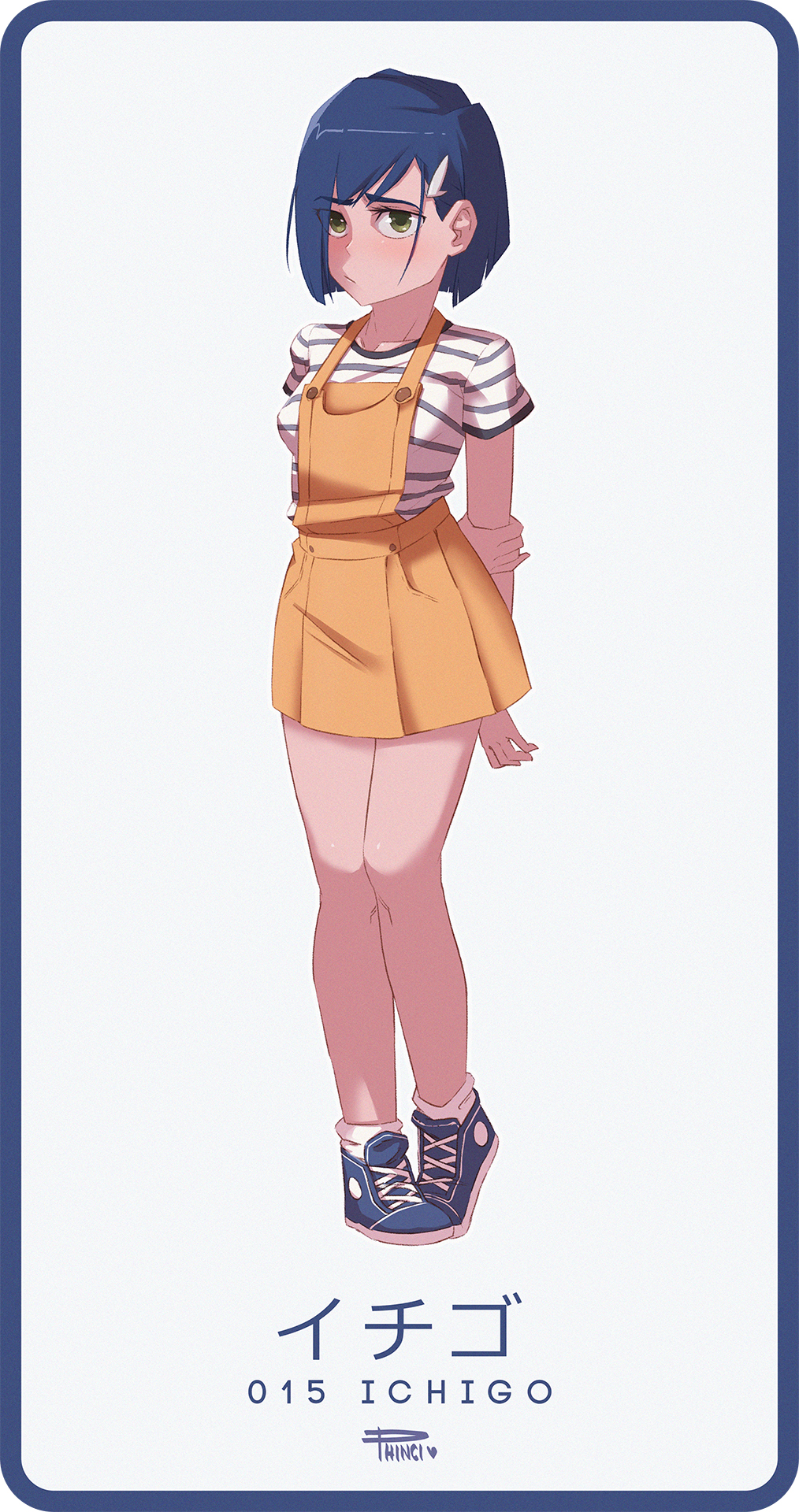 1girl ankle_socks arms_behind_back artist_name asymmetrical_hair black_shirt blue_border blue_hair blue_shoes blunt_ends blush bob_cut border breasts casual character_name closed_mouth commentary darling_in_the_franxx dress embarrassed english_commentary full_body furrowed_brow green_eyes hair_ornament hair_over_one_eye hairclip high_tops highres holding_own_arm ichigo_(darling_in_the_franxx) looking_at_viewer nervous phinci pigeon-toed pinafore_dress pleated_dress pursed_lips shirt shoes short_hair short_sleeves shy signature simple_background sleeveless sleeveless_dress small_breasts sneakers socks solo standing striped_clothes striped_shirt swept_bangs two-tone_shirt variant_set white_background white_shirt white_socks yellow_dress