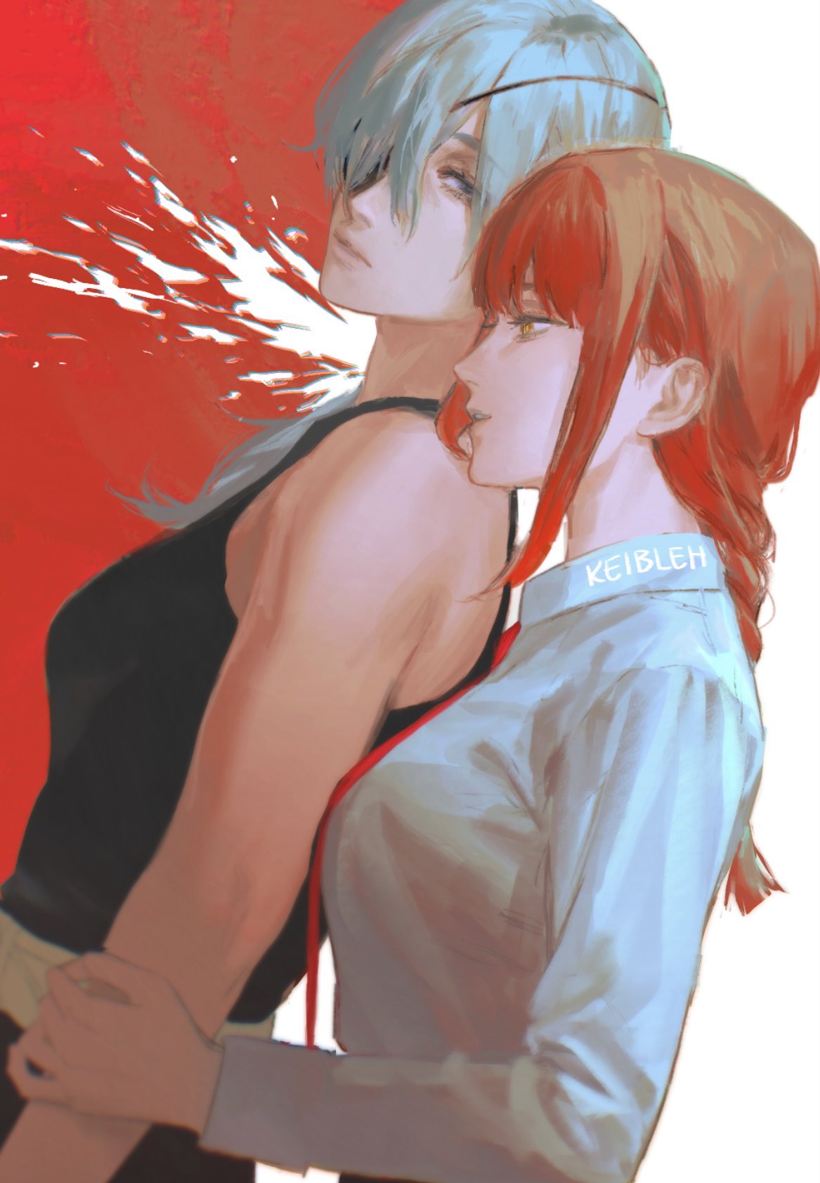2girls artist_name black_eyes braid braided_ponytail chainsaw_man collared_shirt commentary eyepatch from_behind highres holding_another's_arm keibleh long_hair looking_at_another looking_to_the_side makima_(chainsaw_man) multiple_girls necktie quanxi_(chainsaw_man) red_hair red_necktie redrawn shirt sidelocks symbol-only_commentary two-tone_background white_hair white_shirt yellow_eyes yuri