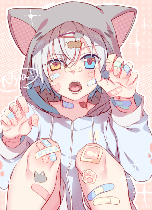 1boy animal_ears bandages bandaid blue_eyes blush cat_boy cat_ears ginjiro ginjiro_(ginziro525) ginjiro_(vtuber) grey_hair hair_ornament hairclip heart heterochromia hood hood_up hoodie male_focus original pale_skin pastel_colors shorts virtual_youtuber yellow_eyes