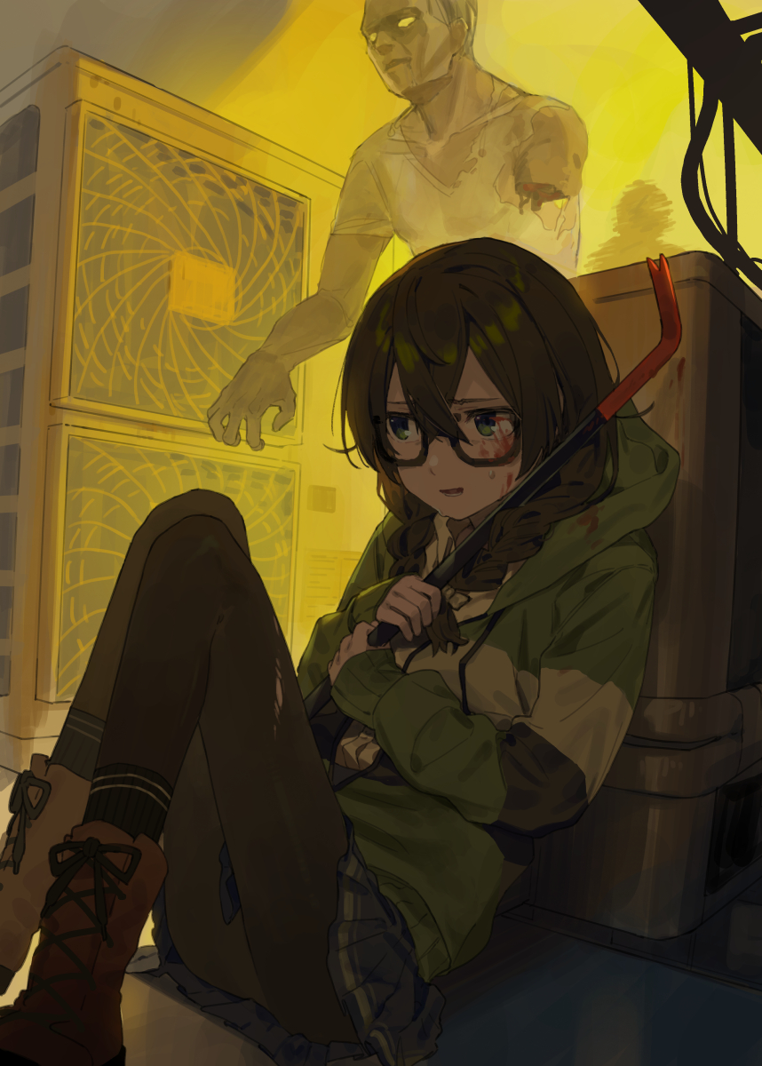 1boy 1girl amputee black_hair black_pantyhose black_skirt black_socks blood blood_on_face blue_eyes boots braid brown_footwear cevio closed_mouth commentary_request condenser_unit cross-laced_footwear crowbar glasses green_hoodie hair_over_shoulder hanakuma_chifuyu hiding highres hitogome holding holding_crowbar hood hood_down hoodie knees_up long_hair long_sleeves looking_to_the_side low_twin_braids miniskirt nervous_smile on_ground pantyhose sitting skirt smile socks sweat synthesizer_v torn_clothes torn_pantyhose twin_braids two-handed upskirt zombie