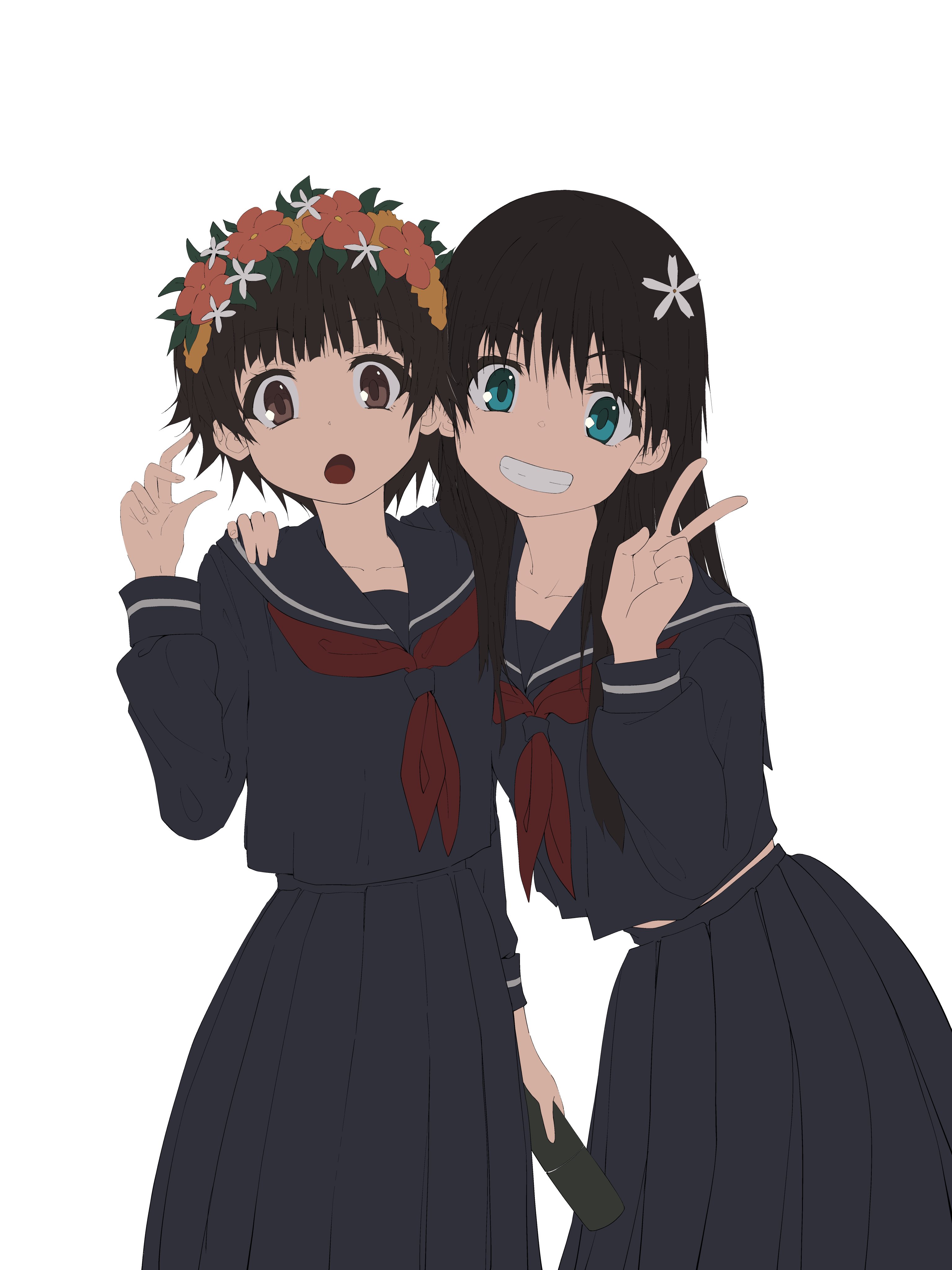 2girls absurdres black_hair blue_eyes brown_eyes commentary_request flower grin hair_flower hair_ornament hand_on_another's_shoulder head_wreath highres long_hair long_skirt long_sleeves looking_at_viewer midriff_peek multiple_girls musaki_(msaki666) neckerchief pleated_skirt red_neckerchief sailor_collar sakugawa_school_uniform saten_ruiko school_uniform short_hair skirt smile toaru_kagaku_no_railgun toaru_majutsu_no_index uiharu_kazari v white_background winter_uniform