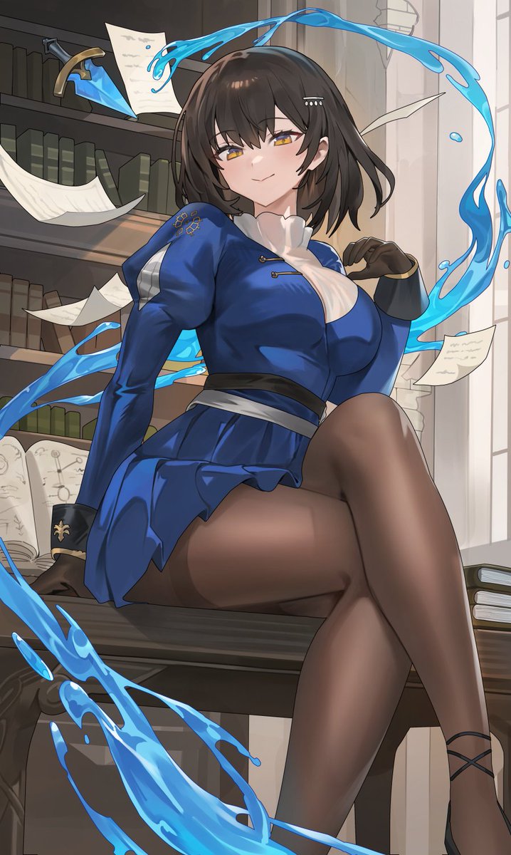 1girl black_hair blue_dress book bookshelf breasts brown_dust_(series) brown_dust_2 brown_eyes brown_gloves brown_pantyhose crossed_legs curtains dagger dress feet_out_of_frame floating floating_object floating_weapon flying_paper from_below gloves hair_between_eyes hair_ornament hairclip highres hood_(james_x) hydrokinesis juliet_sleeves knife large_breasts long_sleeves looking_at_viewer looking_down open_book pantyhose paper pleated_dress puffy_sleeves scheherazade_(brown_dust) scheherazade_(the_lapis_witch)_(brown_dust) short_hair sitting sitting_on_table solo sweater turtleneck turtleneck_sweater water weapon white_sweater