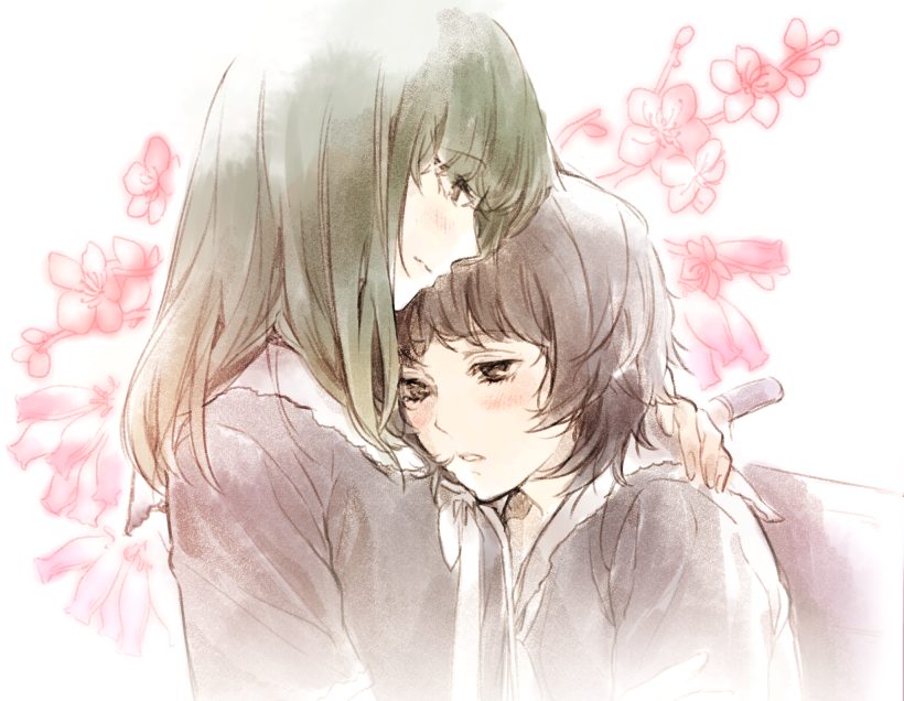 2girls blush brown_eyes brown_hair chiyo_(min0yoko) floral_background flower flowers_(innocent_grey) green_hair head_on_chest multiple_girls parted_lips ribbon school_uniform takasaki_chidori wheelchair white_ribbon yaegaki_erika yuri