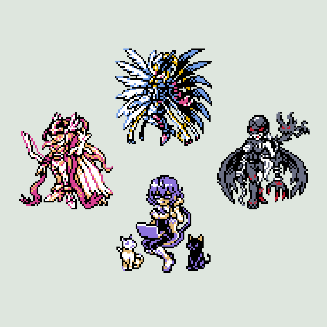 angel angel_girl angewomon armor black_cat breasts cat covered_eyes demon demon_girl digimon digimon_(creature) fallen_angel fusion glasses head_wings ladydevimon long_hair mask mastemon mikagura_mirei purple_eyes purple_hair ribbon short_hair white_cat wings