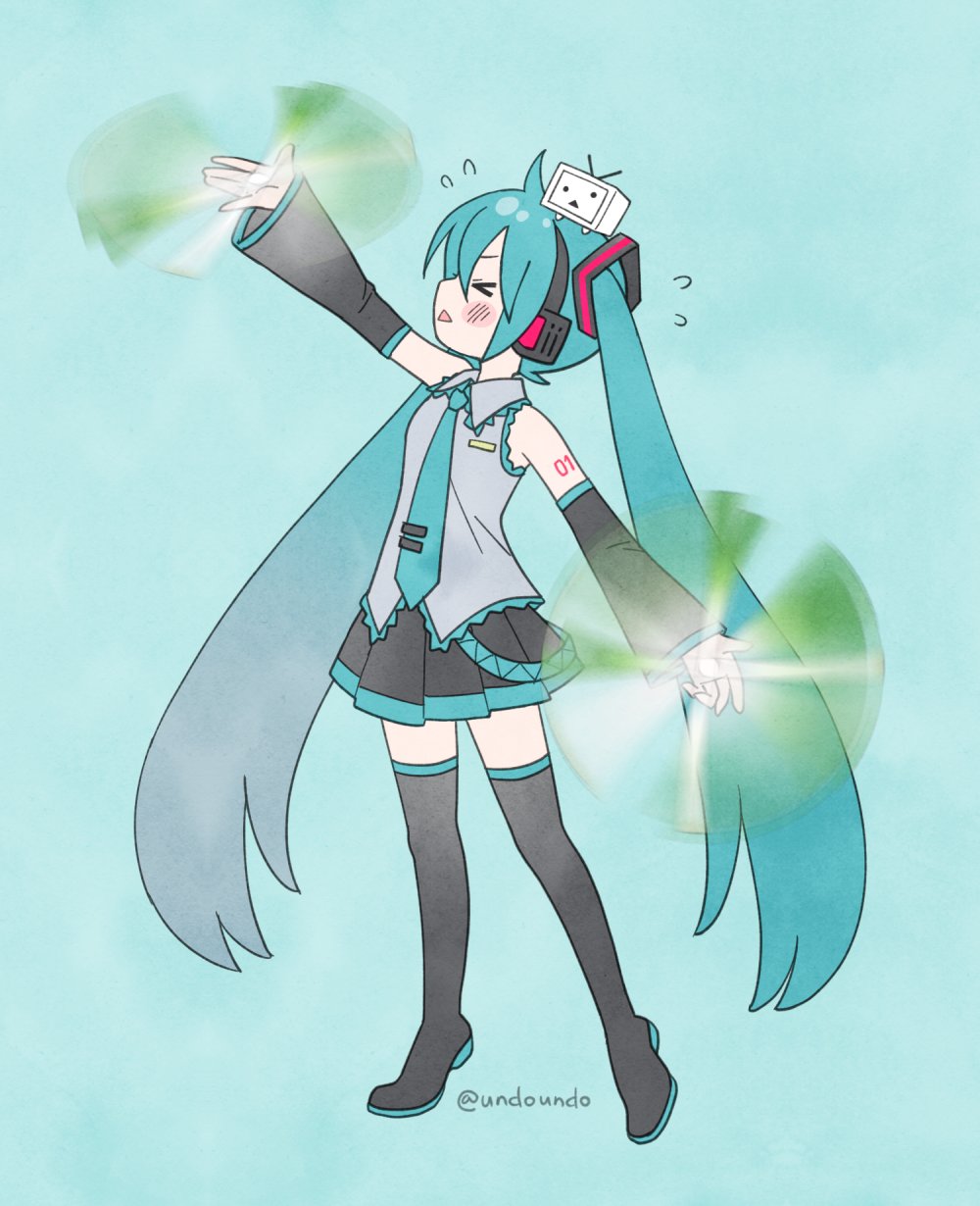 &gt;_&lt; 1girl 2024_niconico_cyberattack afterimage arm_tattoo black_boots black_skirt black_sleeves blue_background blue_hair blue_necktie blush boots closed_eyes collared_shirt commentary detached_sleeves dual_wielding flat_chest full_body grey_shirt hair_between_eyes hair_ornament hatsune_miku headphones highres holding kirita_asami leekspin_(meme) long_hair long_sleeves meme miniskirt necktie niconico number_tattoo open_mouth pleated_skirt shirt simple_background skirt sleeveless sleeveless_shirt solo spinning spring_onion standing tattoo terebi-chan thigh_boots triangle_mouth twitter_username very_long_hair vocaloid
