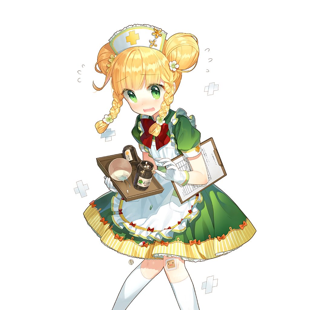1girl apron blonde_hair boots braid chibi clipboard double_bun dress frilled_apron frilled_dress frills green_boots green_dress green_eyes hair_bun hat holding kneehighs nurse nurse_cap pantyhose puffy_sleeves salt_(salty) sapphire_emerald short_sleeves socks tray twin_braids twintails uchi_no_hime-sama_ga_ichiban_kawaii white_apron white_socks