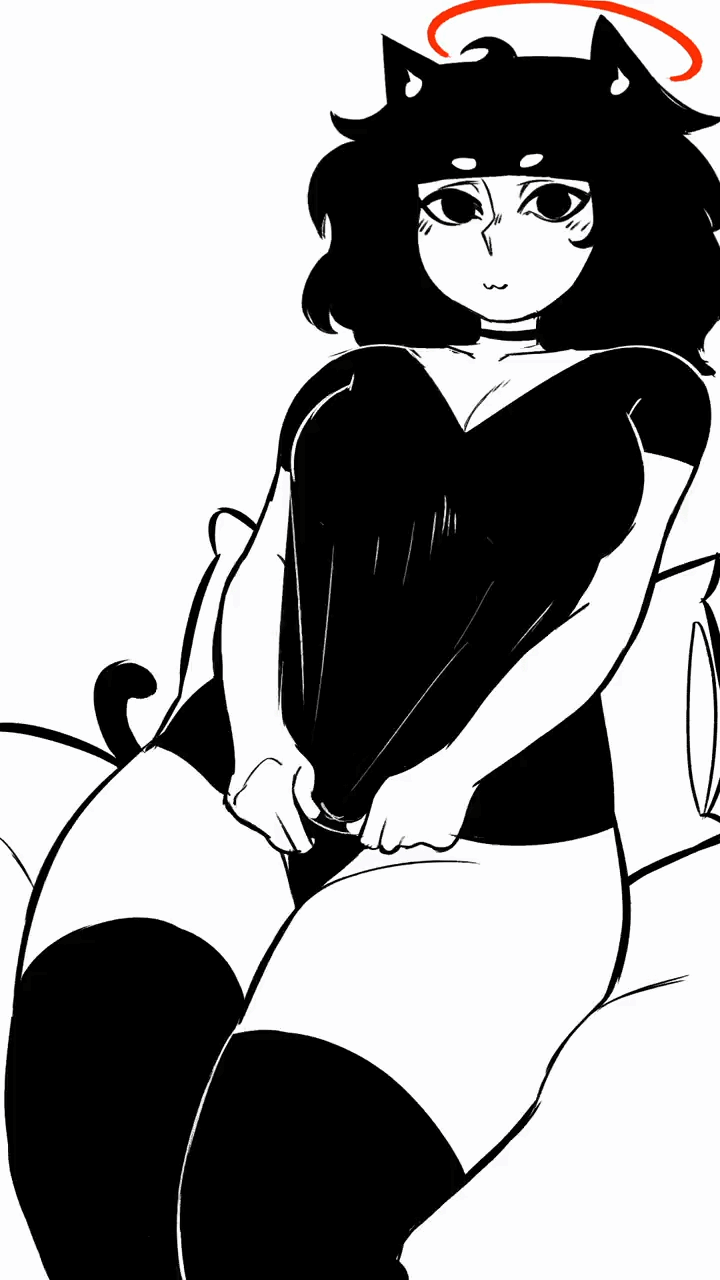 1girl animal_ears black_hair black_panties breasts cat_ears cat_girl cat_tail cleavage clothes_lift emmpyfour halo highleg highleg_panties highres large_breasts looking_at_viewer navel panties presenting shirt_lift short_hair solo tail thick_thighs thighhighs thighs underwear