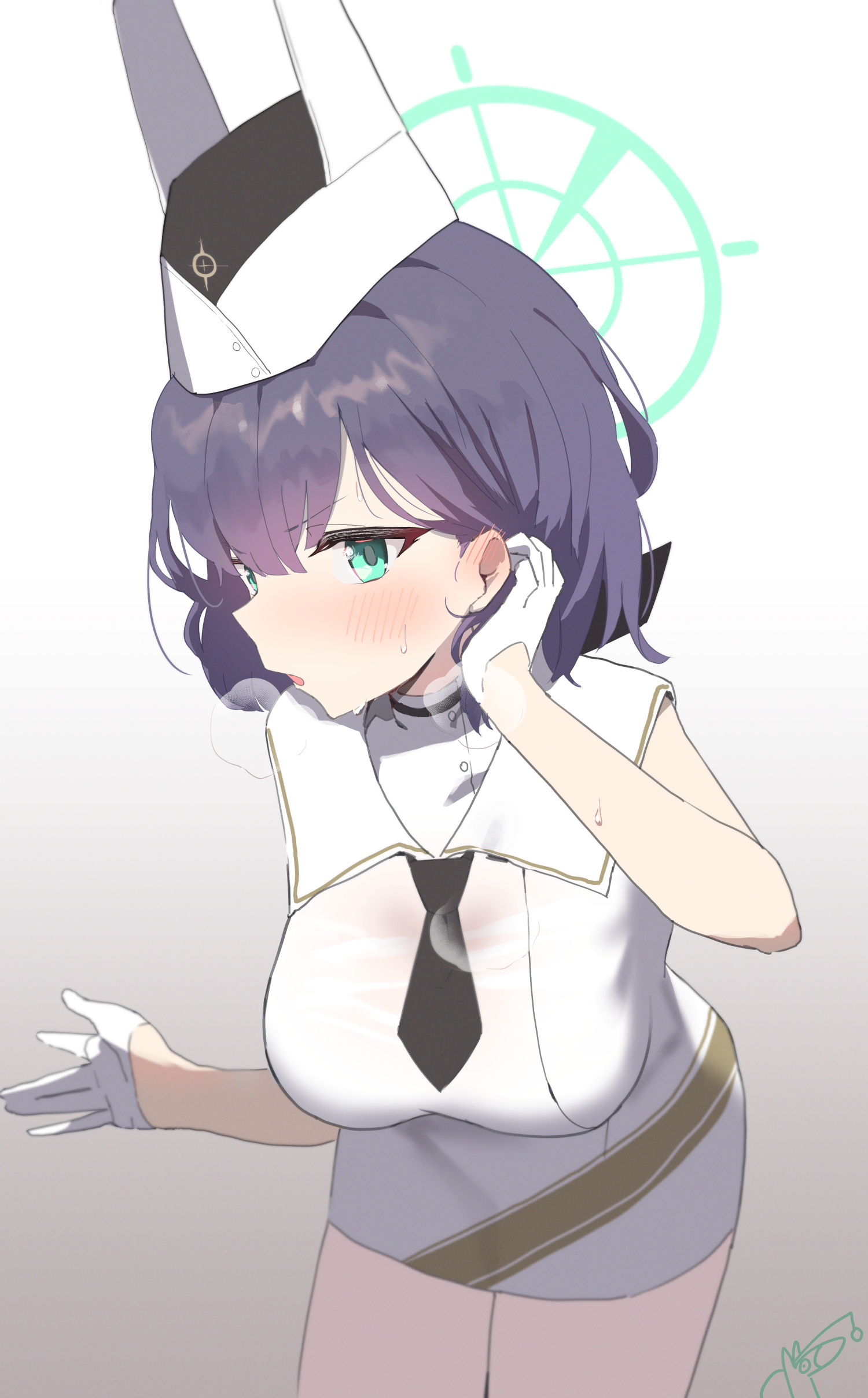 1girl absurdres arm_up black_necktie blue_archive blush breasts commentary cowboy_shot dan_nako dress garrison_cap gloves gradient_background green_eyes green_halo grey_background half_gloves halo hat heavy_breathing highres leaning_forward looking_at_viewer necktie open_mouth purple_hair saki_(blue_archive) see-through_clothes short_dress short_hair short_necktie signature simple_background sleeveless sleeveless_dress sweat tucking_hair utnapishtim_operator_uniform_(blue_archive) wet wet_clothes white_dress white_gloves white_hat