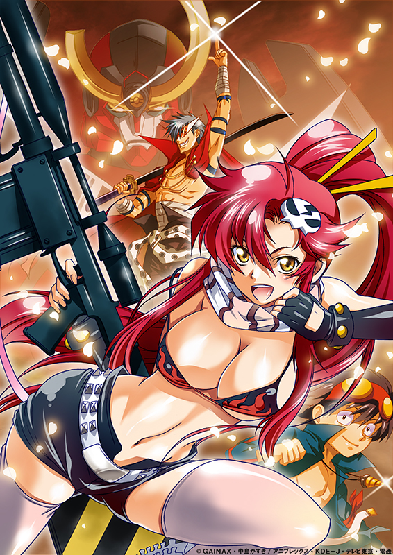 00s 1girl 2boys anti-materiel_rifle bikini bikini_top_only blue_hair breasts cape cleavage fingerless_gloves gainaxtop gloves goggles goggles_on_head gun gurren-lagann hair_ornament kamina_(ttgl) large_breasts lens_flare long_hair mecha multiple_boys navel official_art pointing red_hair rifle robot scarf short_shorts shorts simon_(ttgl) skull_hair_ornament smile sniper_rifle swimsuit sword tattoo tengen_toppa_gurren_lagann thighhighs topless_male weapon yellow_eyes yoko_littner yokota_mamoru