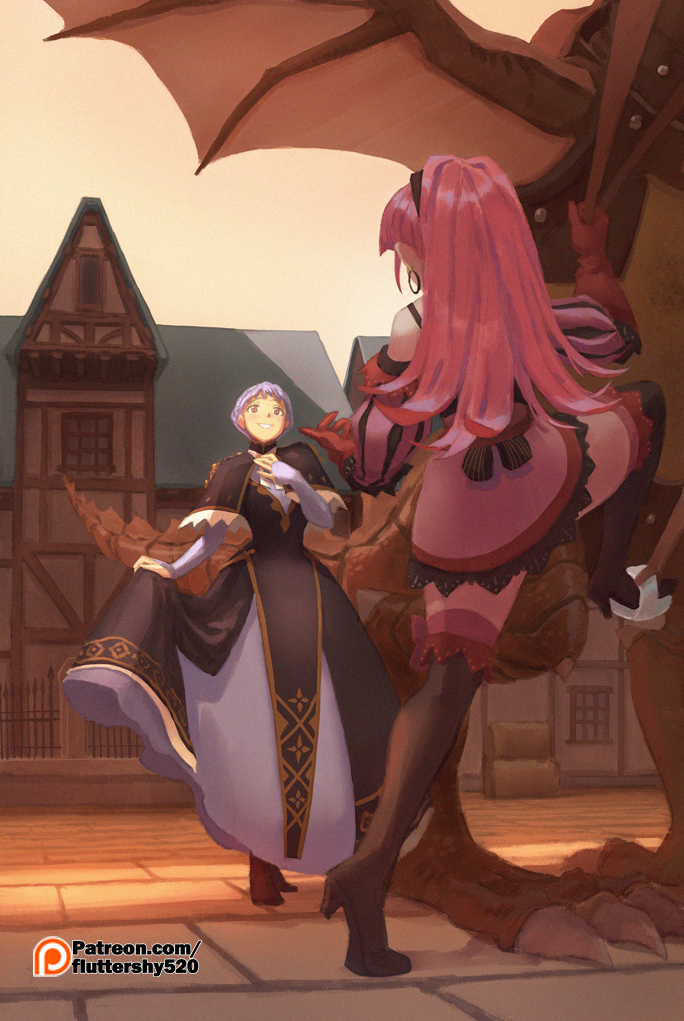 2girls black_legwear blue_dress blue_hair boots commentary detached_sleeves dragon dress earrings english_commentary fire_emblem fire_emblem:_three_houses gloves green_little high_heel_boots high_heels hilda_valentine_goneril hilda_valentine_goneril_(timeskip) hoop_earrings jewelry lace_skirt lace_trim long_hair long_sleeves marianne_von_edmund marianne_von_edmund_(timeskip) multiple_girls nintendo outdoors outstretched_hand patreon_username pink_hair pink_legwear ponytail puffy_long_sleeves puffy_sleeves reins short_hair skirt stirrups_(riding) thigh_boots thighhighs watermark web_address wings wyvern