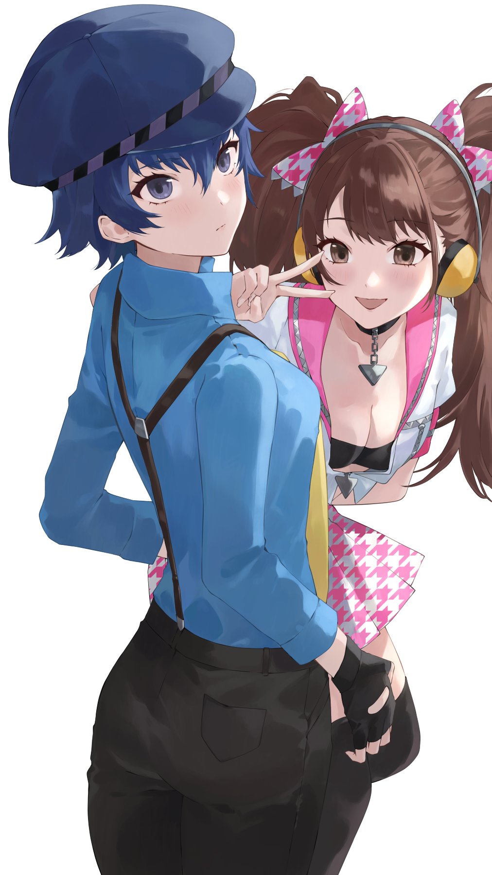2girls black_choker black_gloves black_pants blue_eyes blue_hair blue_hat blue_shirt bow breasts brown_eyes brown_hair cabbie_hat choker cleavage closed_mouth cowboy_shot fingerless_gloves gloves hair_between_eyes hair_bow hat headphones highres idol konchi_(63438789) kujikawa_rise long_hair long_sleeves looking_at_viewer medium_breasts miniskirt multiple_girls necktie official_alternate_costume pants persona persona_4 persona_4:_dancing_all_night persona_dancing pink_bow pink_skirt shirogane_naoto shirt short_hair simple_background skirt smile suspenders twintails v white_background yellow_necktie