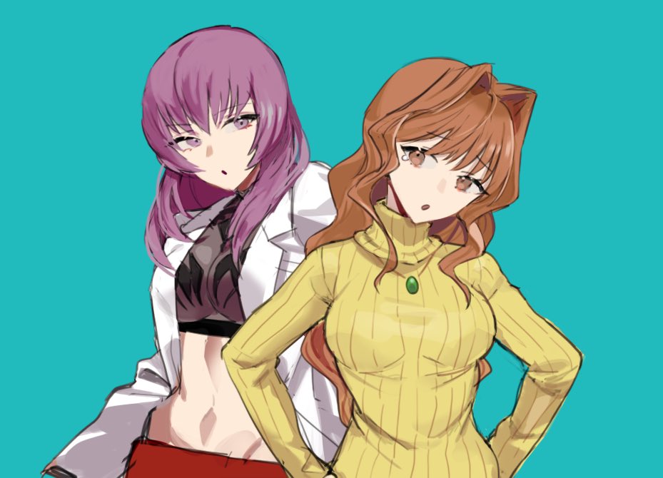 2girls 9rata :o blue_background breasts brown_eyes brown_hair crop_top head_tilt jewelry jinguuji_marimo kouzuki_yuuko lab_coat long_hair medium_breasts medium_hair midriff multiple_girls muv-luv navel necklace purple_eyes purple_hair red_skirt ribbed_sweater skirt sweater turtleneck turtleneck_sweater