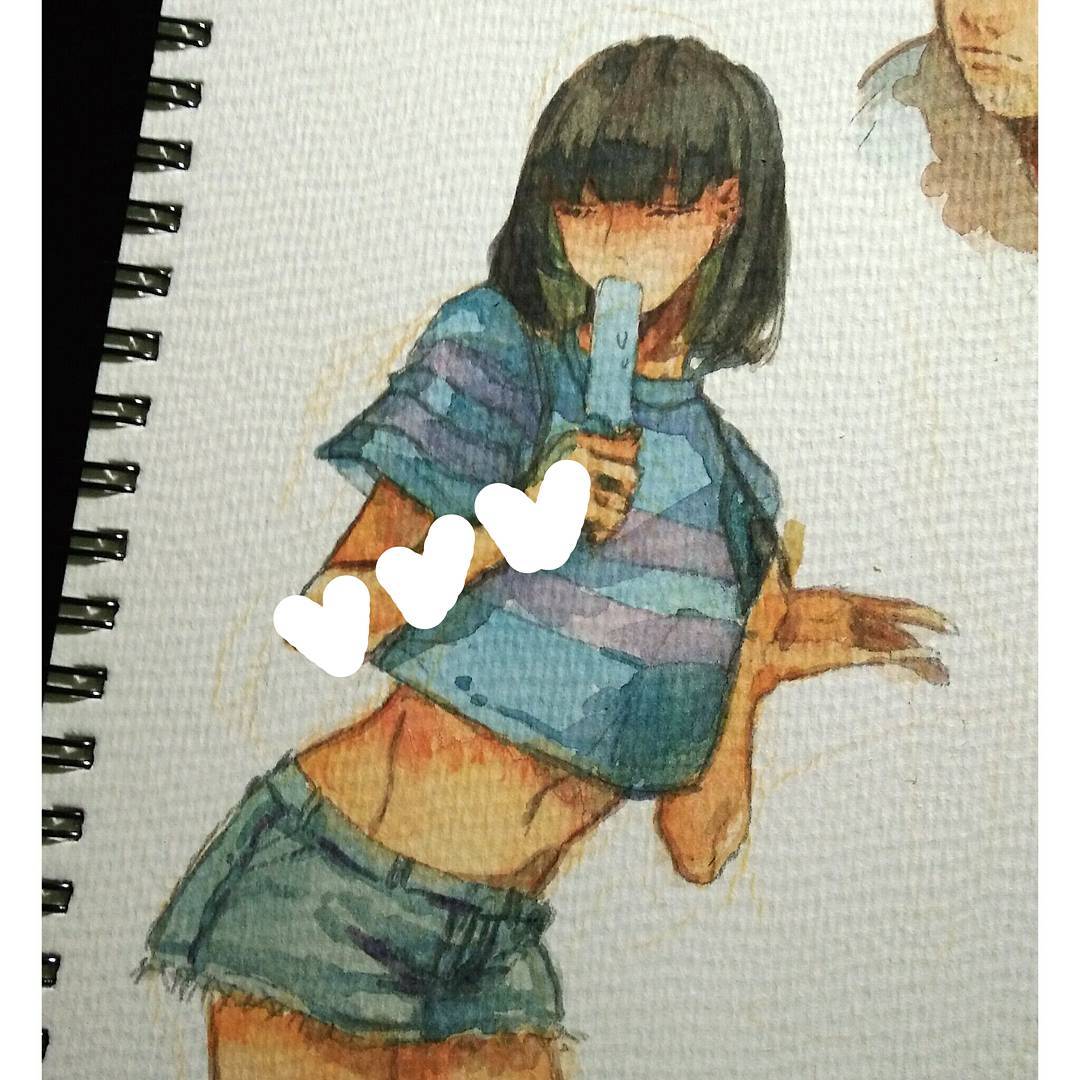 1girl black_hair bob_cut closed_eyes cropped_shirt cutoff_jeans cutoffs denim denim_shorts fei_00714 food food_in_mouth frisk_(undertale) hand_up holding holding_food holding_popsicle midriff navel pants popsicle popsicle_in_mouth shirt short_hair short_shorts short_sleeves shorts solo standing striped_clothes striped_shirt t-shirt tagme undertale