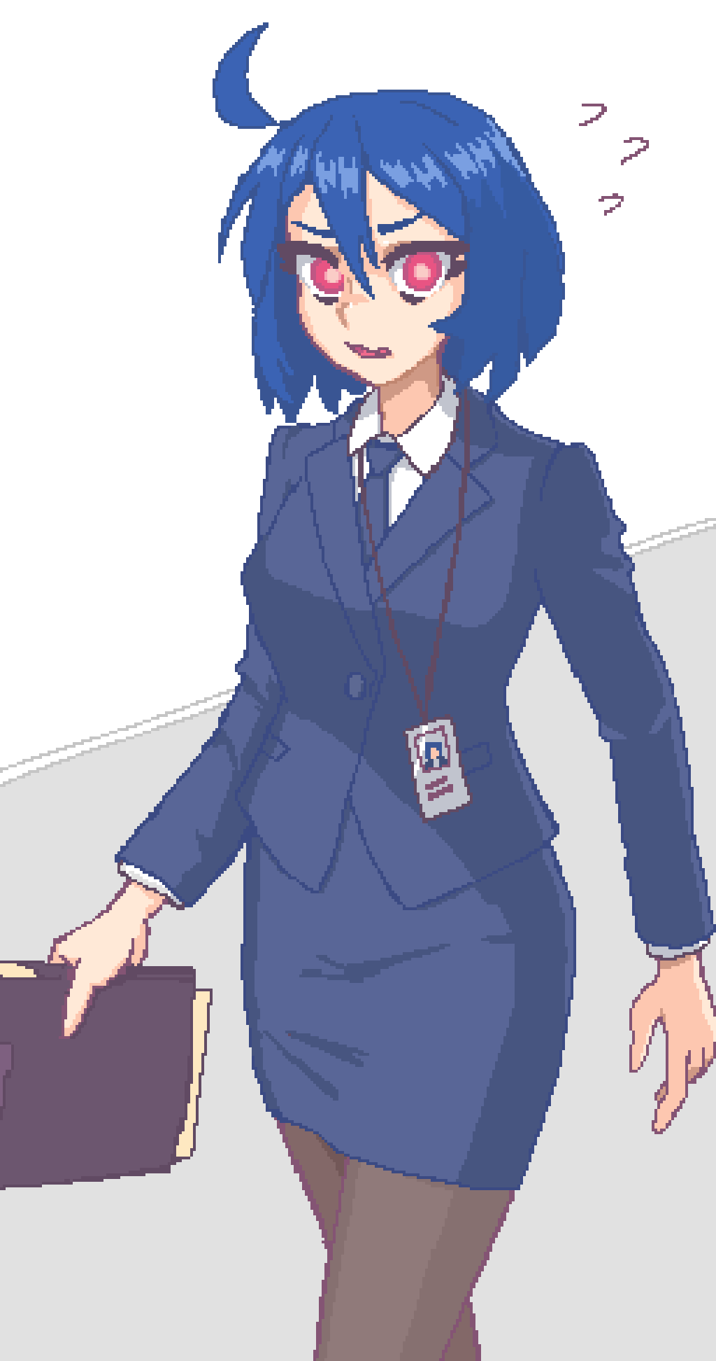 1girl ahoge blue_hair blue_necktie blue_skirt blue_suit breasts collared_shirt fang flying_sweatdrops formal_clothes hcnone highres long_sleeves looking_at_viewer medium_breasts necktie office_lady original parted_lips pencil_skirt pink_eyes pixel_art shirt skin_fang skirt skye_(hcnone) solo suit white_shirt