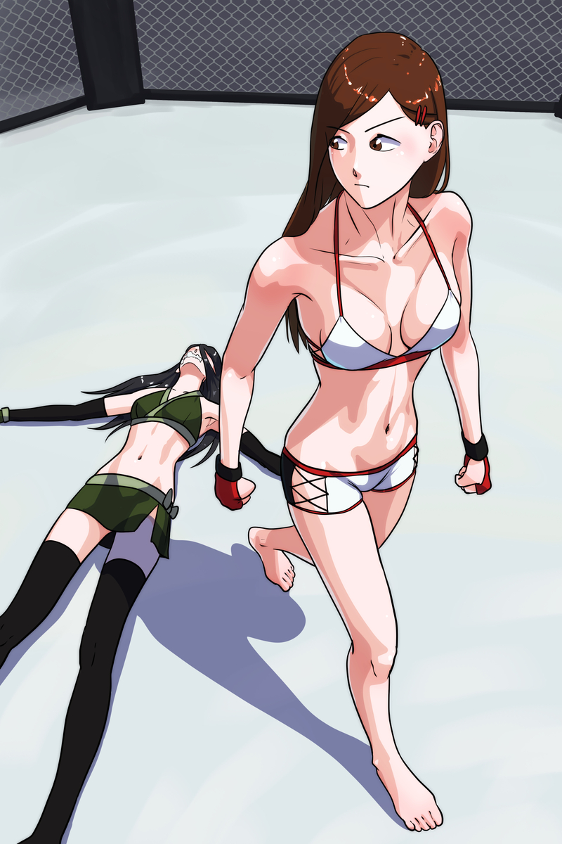 2girls artist_request barefoot black_gloves black_hair black_thighhighs brown_eyes brown_hair defeat elbow_gloves foaming_at_the_mouth gloves green_skirt hair_ornament hairclip hand_guard highres looking_back multiple_girls shorts skirt tagme thighhighs unconscious walking white_shorts