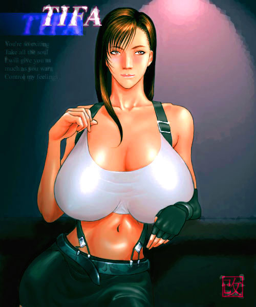 1990s_(style) 1girl bare_shoulders belt blush breasts brown_eyes brown_hair cleavage curvy d-stop female_focus final_fantasy final_fantasy_vii fingerless_gloves gloves huge_breasts kai_han_1000 long_hair midriff retro_artstyle single_glove solo square_enix suspenders tifa_lockhart