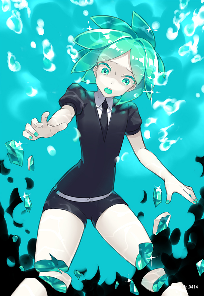 1other amputee androgynous aqua_eyes aqua_hair broken colored_eyelashes gem gem_uniform_(houseki_no_kuni) green_eyes green_hair houseki_no_kuni missing_limb nashi_(tidal0414) necktie phosphophyllite scared short_hair shorts solo sparkle underwater