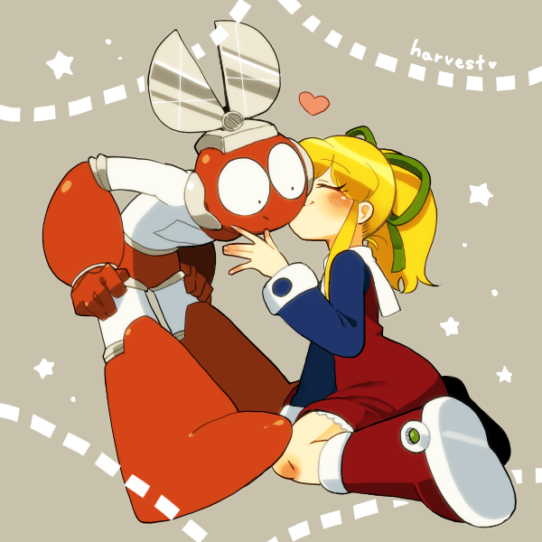 ._. 1boy 1girl artist_name blonde_hair blush closed_eyes commentary_request cut_man english_text hair_ribbon harvest88 heart hetero kiss kissing_cheek long_hair mega_man_(classic) mega_man_(series) mega_man_1 no_humans red_footwear ribbon robot roll_(mega_man) scissors sitting