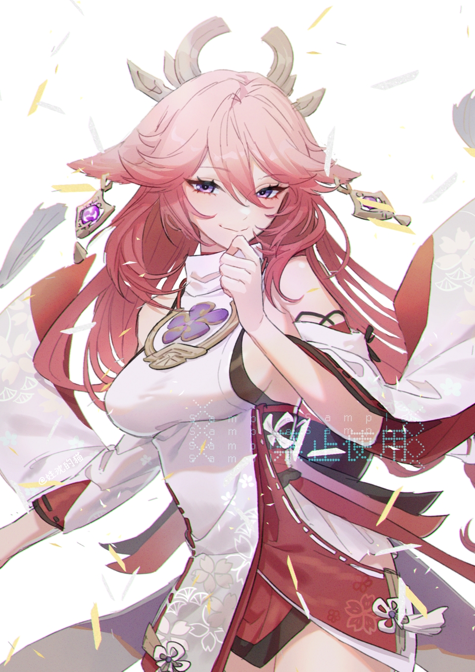 1girl animal_ears bare_shoulders breasts fox_ears genshin_impact hair_between_eyes hair_ornament highres honlo long_hair long_sleeves pink_hair purple_eyes sideboob smirk solo vision_(genshin_impact) yae_miko