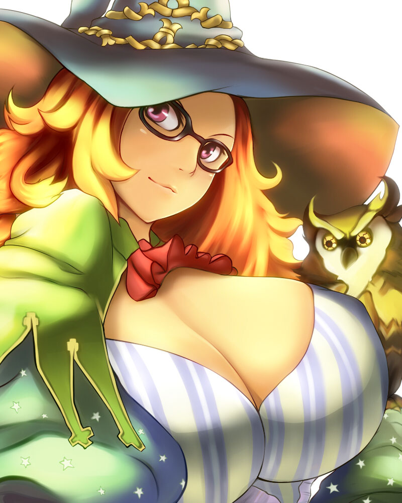 1girl bad_id bad_pixiv_id bird breasts brown_hair cleavage female_focus ginji74 glasses grand_knights_history hat huge_breasts long_hair muse_cromwell owl solo witch_hat