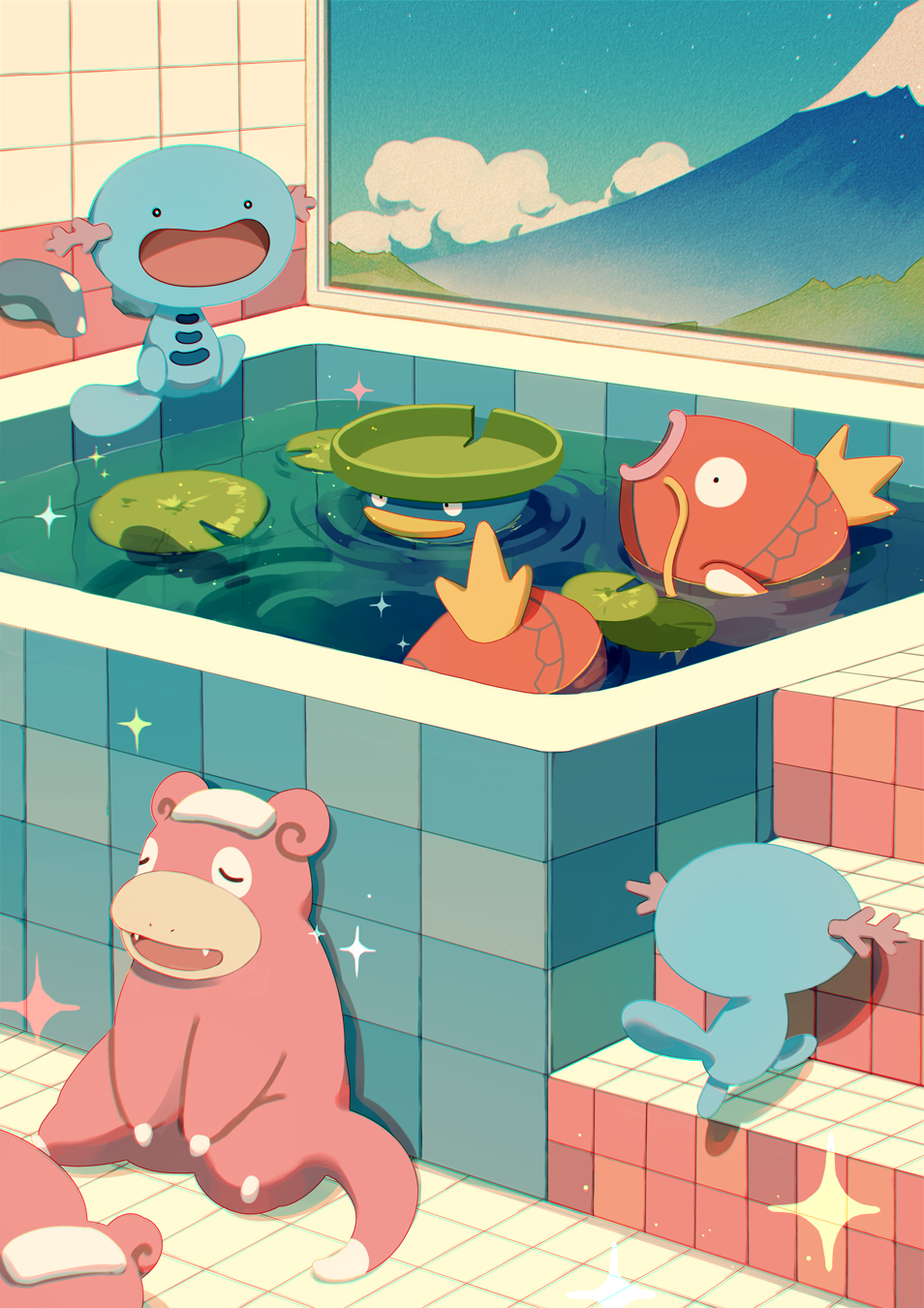 bath bathhouse black_eyes bright_pupils chromatic_aberration closed_eyes commentary english_commentary fangs fish gen_1_pokemon gen_2_pokemon gen_3_pokemon highres indoors jauni_(tofublock) lily_pad lotad magikarp nintendo no_humans open_mouth pastel_colors pokemon pokemon_(creature) relaxing ripples slowpoke stairs tile_floor tiles towel towel_on_head water white_pupils wooper