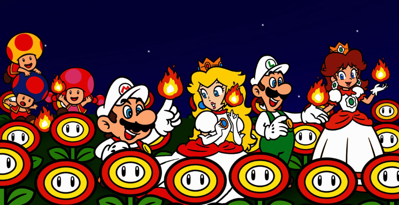 3girls 4boys blonde_hair blue_eyes blue_toad_(mario) brooch crown earrings fire fire_daisy fire_flower fire_luigi fire_mario fire_peach fire_toad fire_toadette flower_earrings gloves grin hat jewelry long_hair luigi mario mario_(series) multiple_boys multiple_girls night night_sky nintendo open_mouth princess_daisy princess_peach puffy_short_sleeves puffy_sleeves short_sleeves sky smile star_(sky) starry_sky super_mario_bros._wonder the_super_mario_bros._movie toad_(mario) toadette