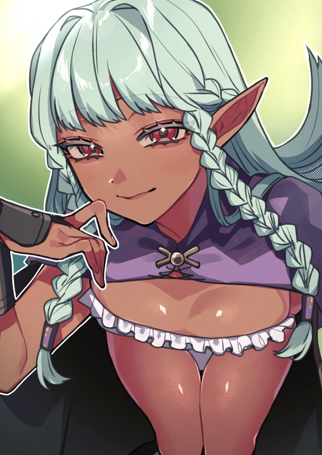 1girl aqua_hair black_cape braid breasts cape cleavage closed_mouth commentary_request dark-skinned_female dark_elf dark_skin elf fingernails highres kitada_(rugshot) leotard long_hair looking_at_viewer medium_breasts pointy_ears purple_cape red_eyes rosalinde_(unicorn_overlord) smile solo twin_braids two-tone_cape unicorn_overlord white_leotard