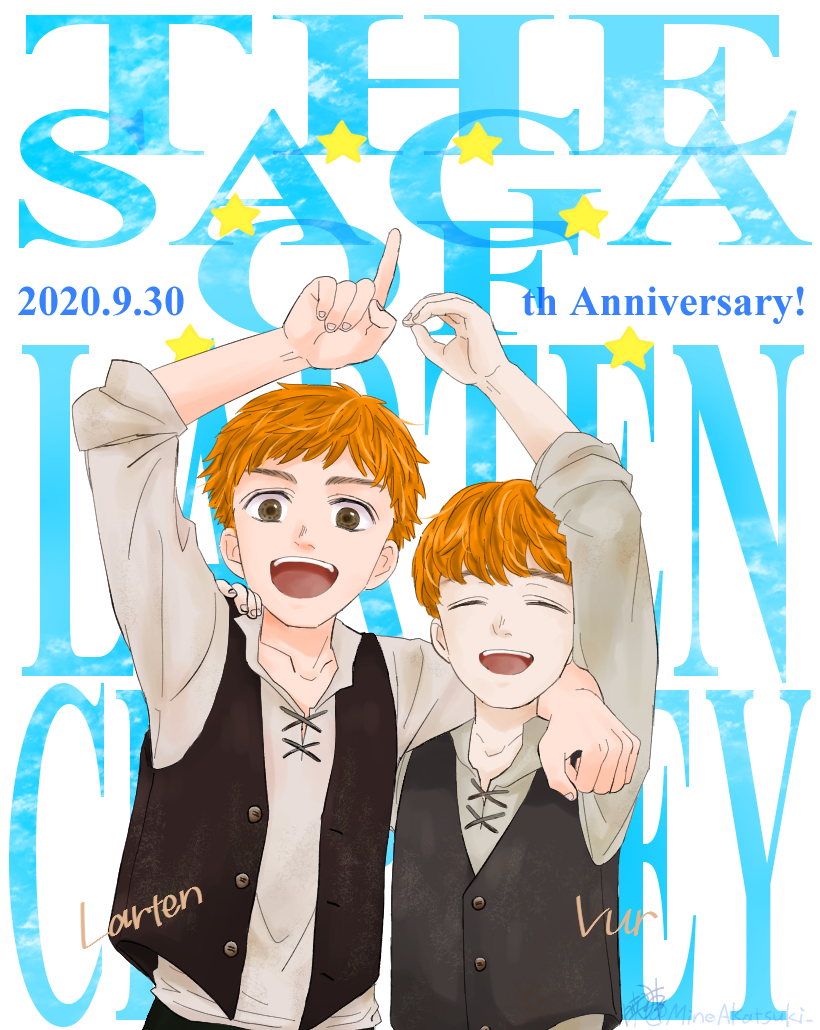 2boys arm_up bad_id bad_twitter_id brown_eyes child cousins closed_eyes larten_crepsley male_focus mine_akatsuki multiple_boys orange_hair short_hair smile the_saga_of_darren_shan the_saga_of_larten_crepsley vest vur_horston aged_down