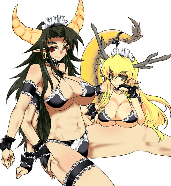 2girls abs aoguu bad_id bad_pixiv_id bikini black_bra black_panties blonde_hair bra breasts dragon_girl dragon_horns earrings extra_arms futaba_channel green_hair horns huge_breasts jewelry kouryuu_(nijiura_maids) large_breasts lingerie long_hair looking_at_viewer maid maid_bikini maid_headdress micro_bikini monster_girl extra_arms multi_limb multiple_girls nijiura_maids panties pointy_ears red_eyes shiyuu_(nijiura_maids) simple_background smile swimsuit tail unconventional_maid underboob underwear white_background yellow_eyes